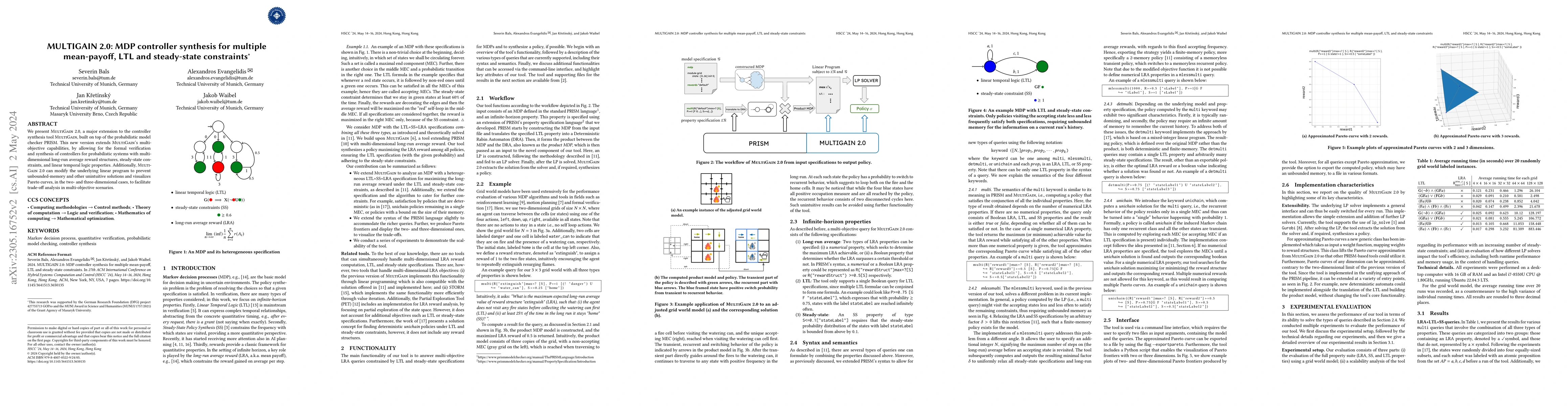 Thumbnail for MULTIGAIN 2.0: MDP controller synthesis for multiple mean-payoff, LTL
  and steady-state constraints