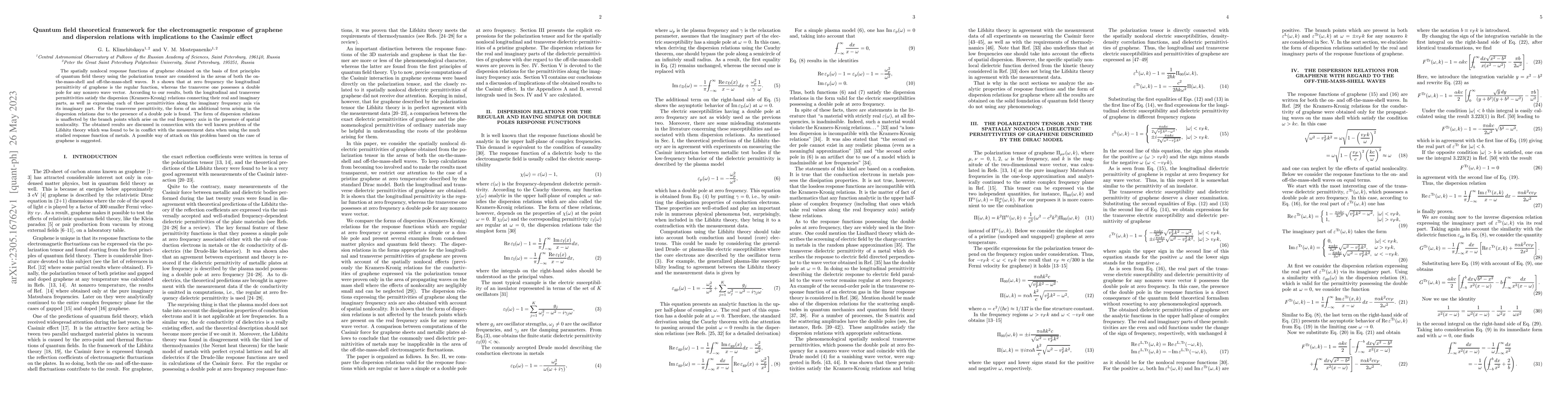 Thumbnail for Quantum field theoretical framework for the electromagnetic response of
  graphene and dispersion relations with implications to the Casimir effect