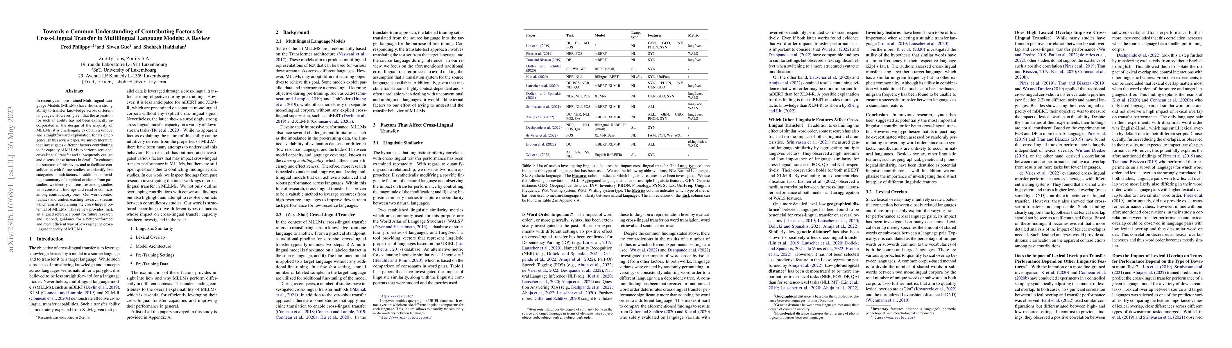 Thumbnail for Towards a Common Understanding of Contributing Factors for Cross-Lingual
  Transfer in Multilingual Language Models: A Review