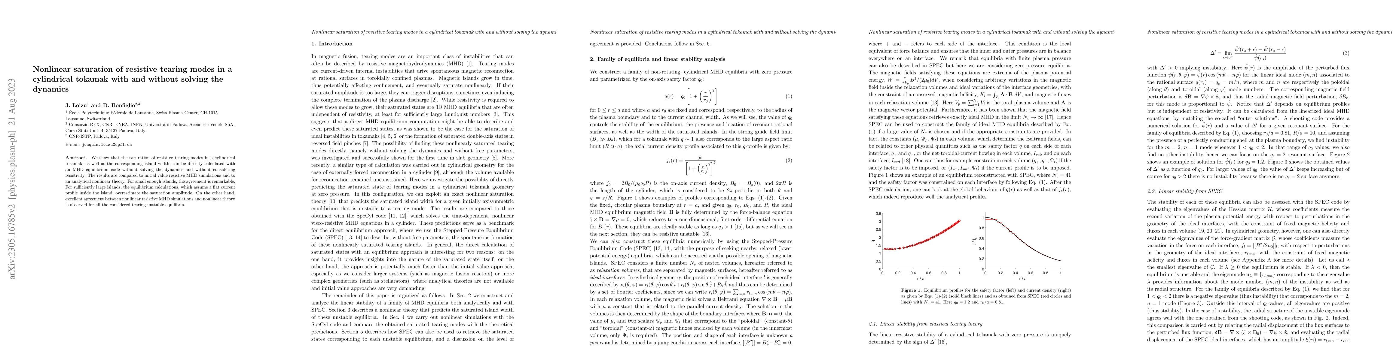 Thumbnail for Nonlinear saturation of resistive tearing modes in a cylindrical tokamak
  with and without solving the dynamics