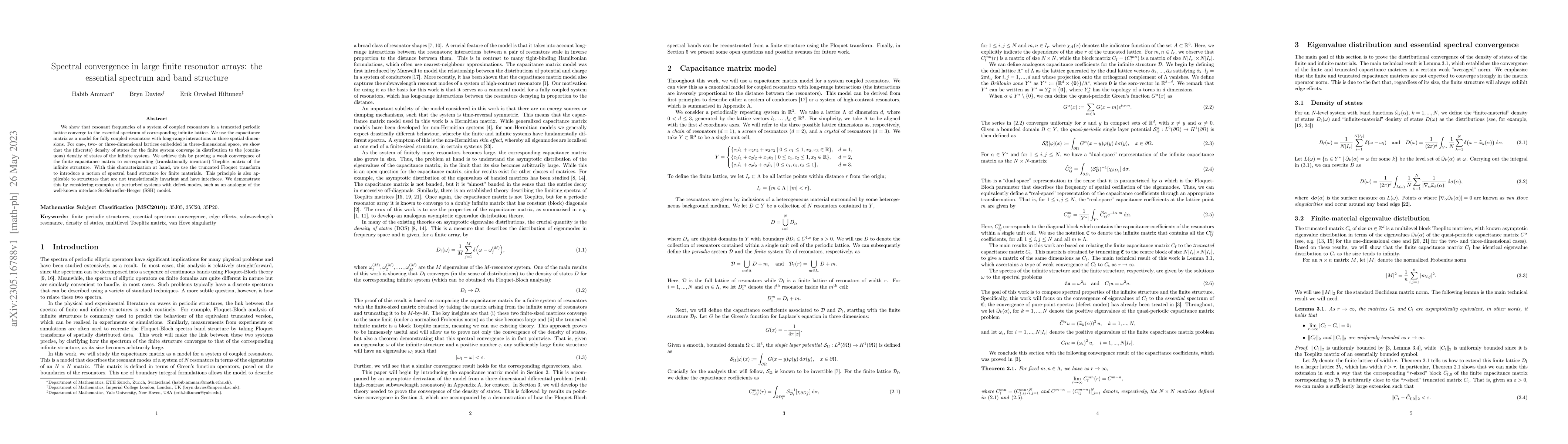 Thumbnail for Spectral convergence in large finite resonator arrays: the essential
  spectrum and band structure
