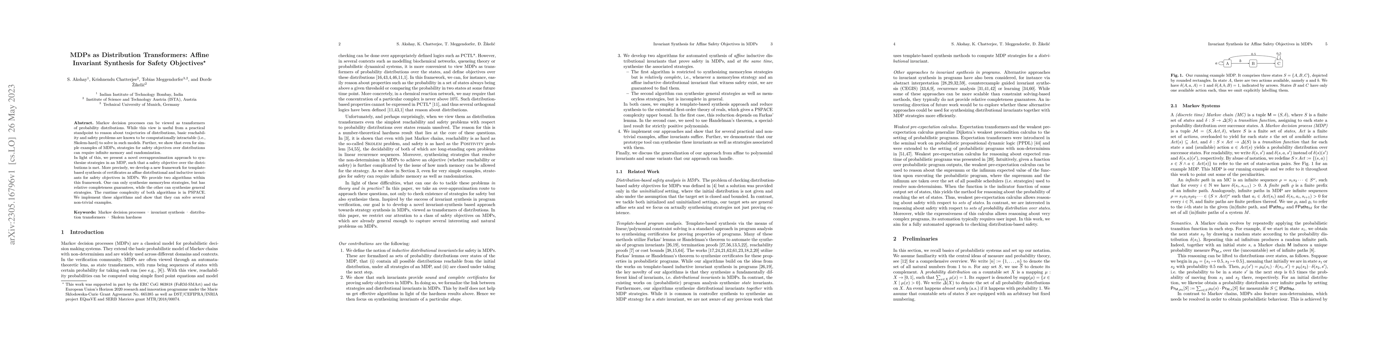 Thumbnail for MDPs as Distribution Transformers: Affine Invariant Synthesis for Safety
  Objectives