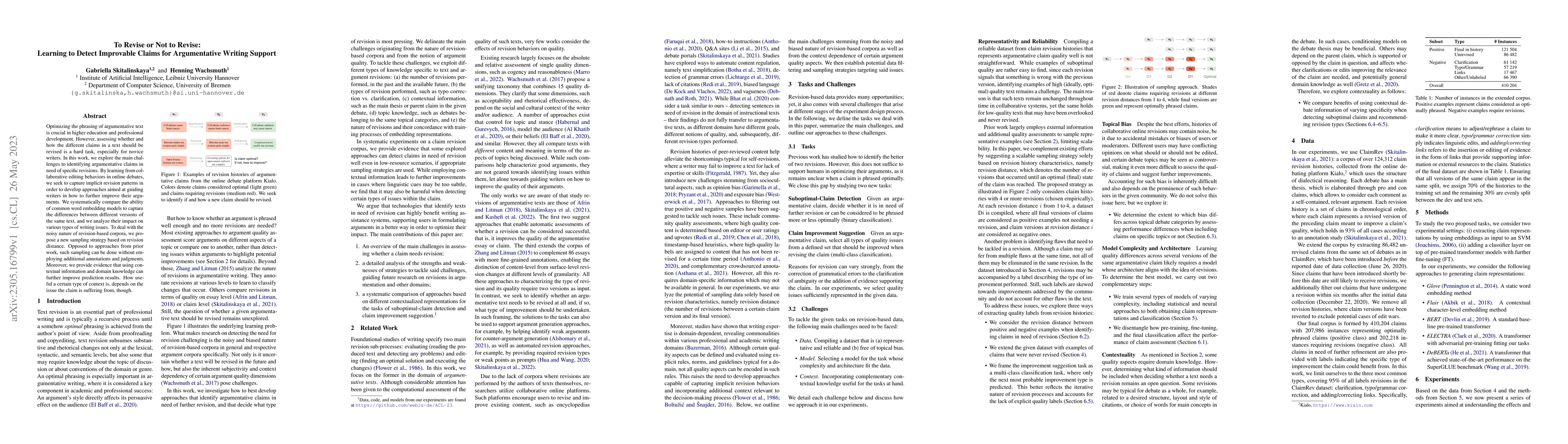 Thumbnail for To Revise or Not to Revise: Learning to Detect Improvable Claims for
  Argumentative Writing Support