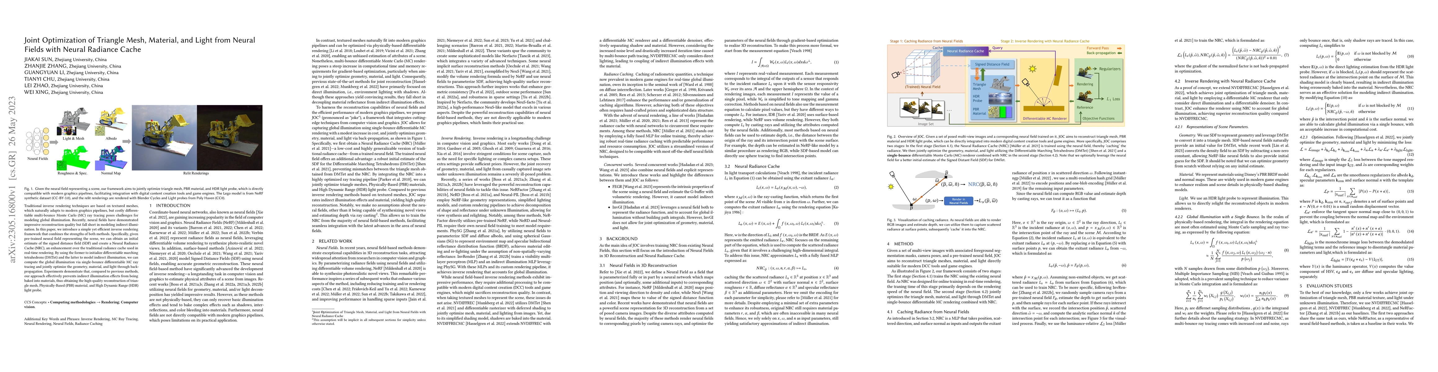 Thumbnail for Joint Optimization of Triangle Mesh, Material, and Light from Neural
  Fields with Neural Radiance Cache