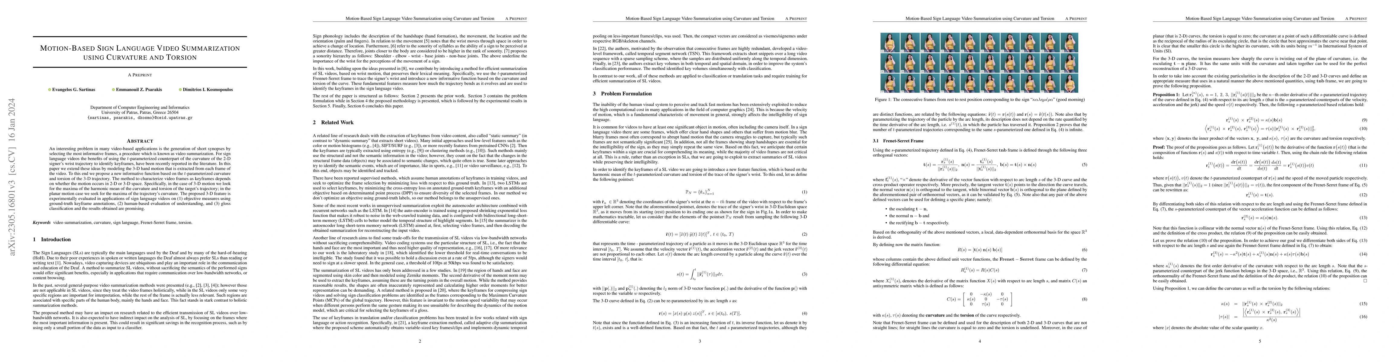 Thumbnail for Motion-Based Sign Language Video Summarization using Curvature and
  Torsion