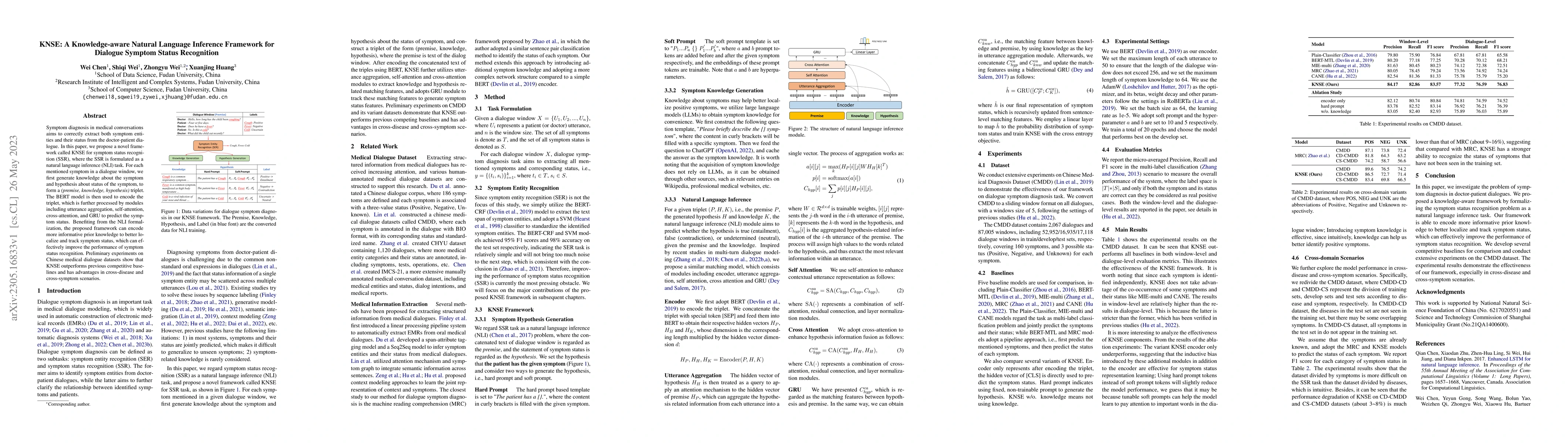 Thumbnail for KNSE: A Knowledge-aware Natural Language Inference Framework for
  Dialogue Symptom Status Recognition