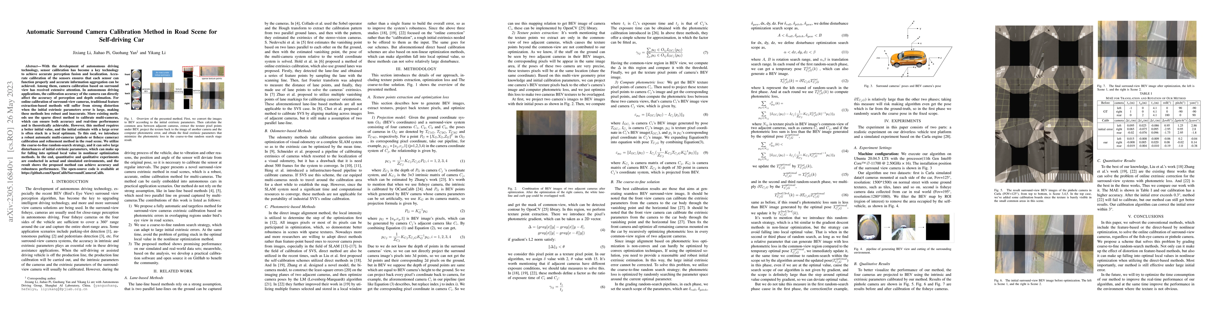 Thumbnail for Automatic Surround Camera Calibration Method in Road Scene for
  Self-driving Car