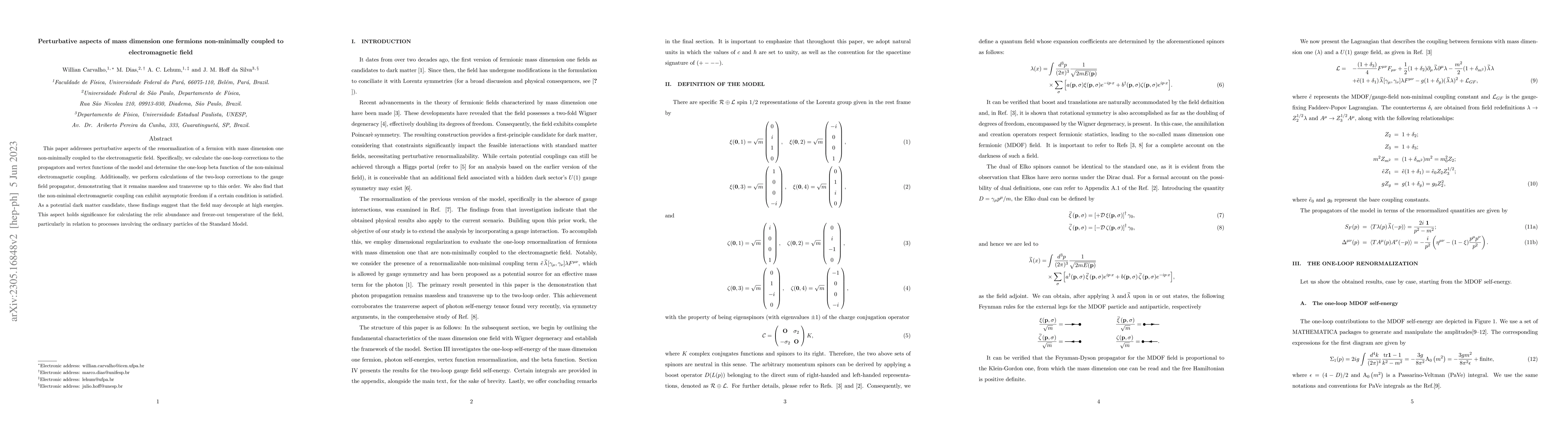 Thumbnail for Perturbative aspects of mass dimension one fermions non-minimally
  coupled to electromagnetic field