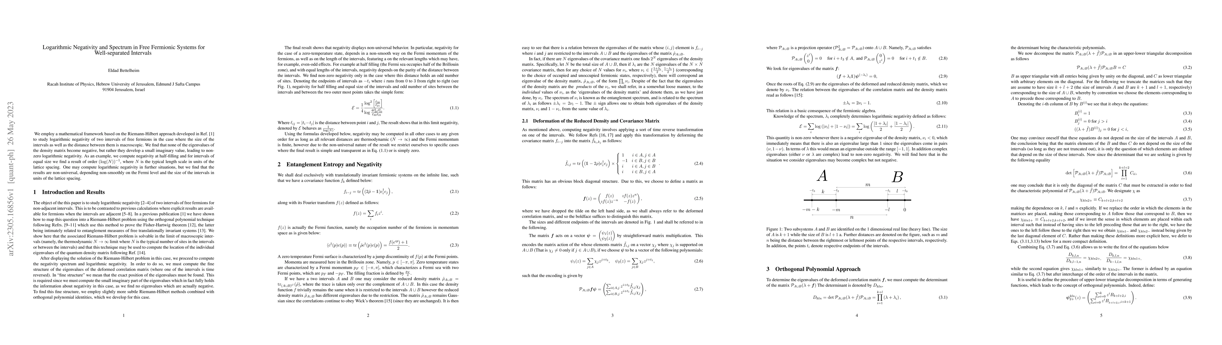 Thumbnail for Logarithmic Negativity and Spectrum in Free Fermionic Systems for
  Well-separated Intervals