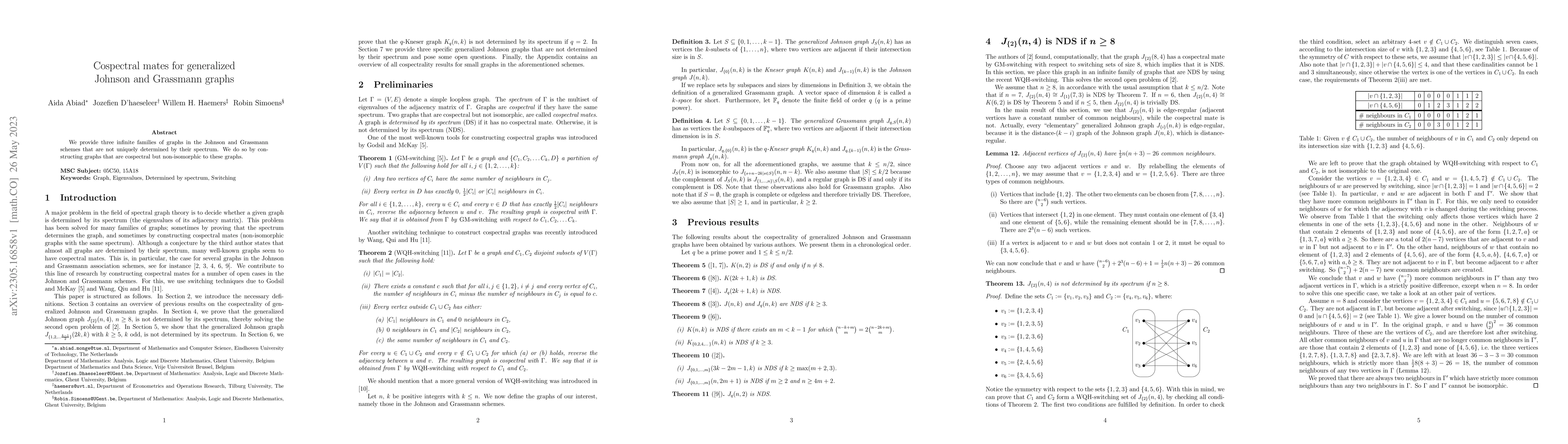 Thumbnail for Cospectral mates for generalized Johnson and Grassmann graphs