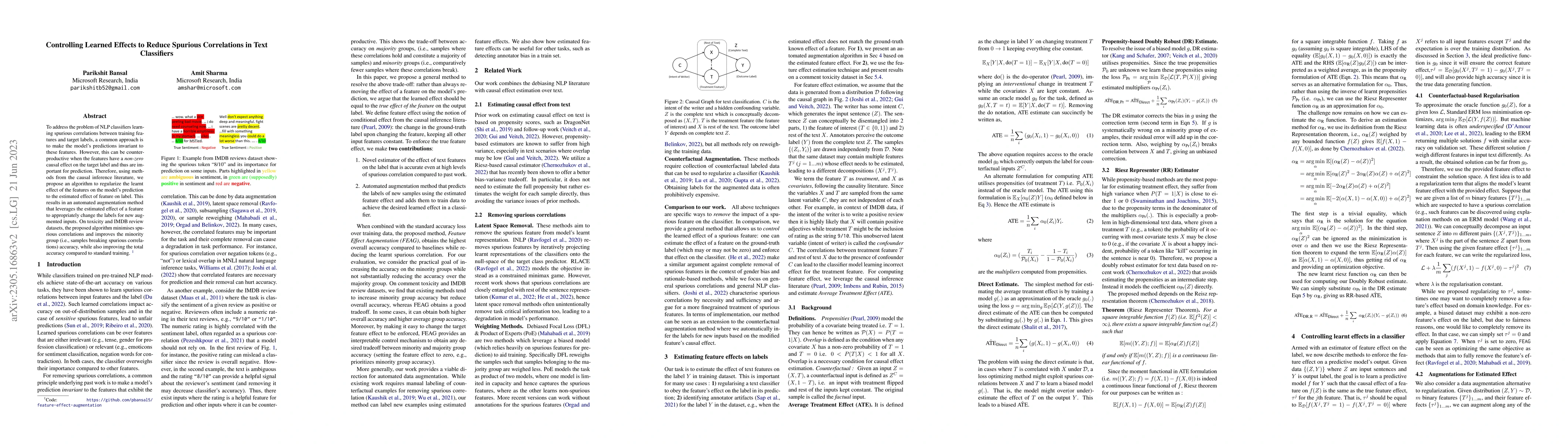 Thumbnail for Controlling Learned Effects to Reduce Spurious Correlations in Text
  Classifiers