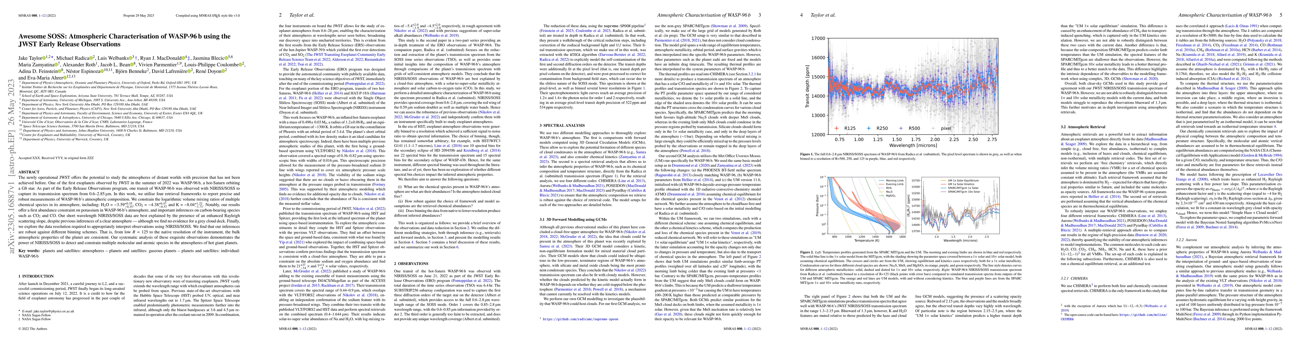 Thumbnail for Awesome SOSS: Atmospheric Characterisation of WASP-96 b using the JWST
  Early Release Observations