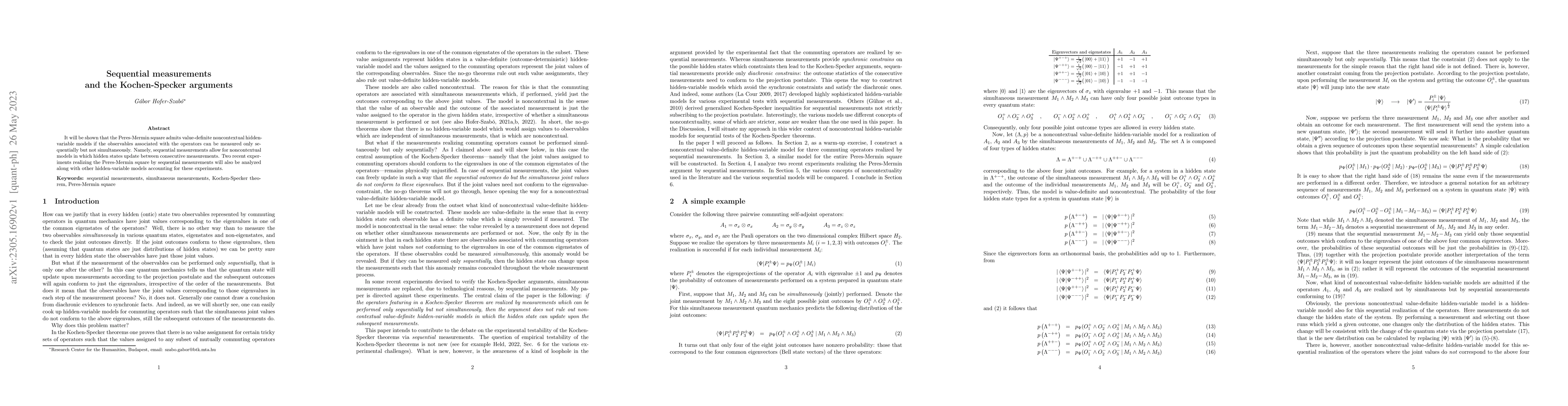 Thumbnail for Sequential measurements and the Kochen-Specker arguments