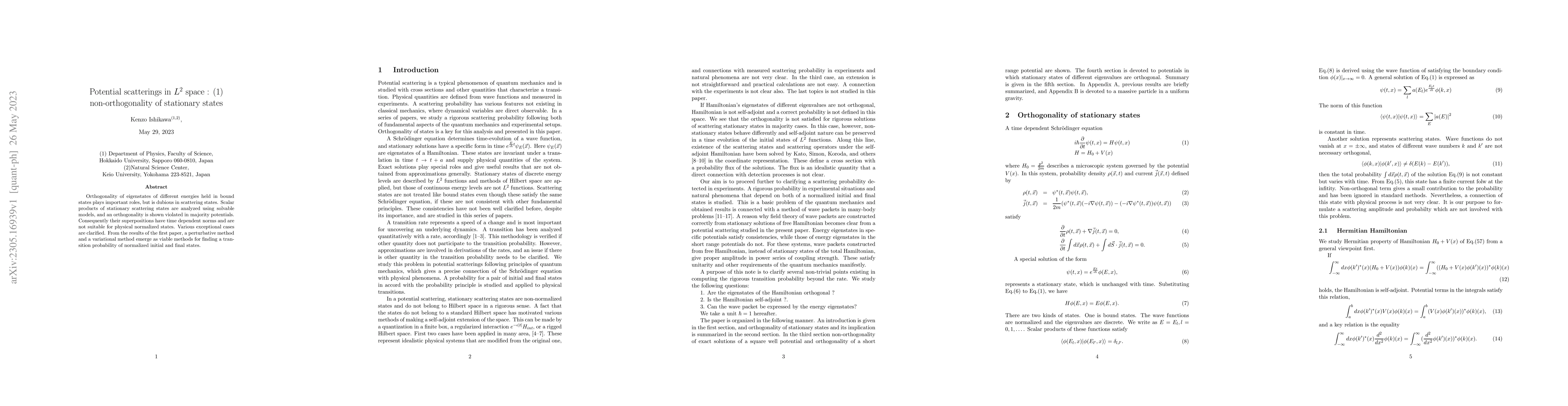 Thumbnail for Potential scatterings in $L^2$ space: (1) non-orthogonality of
  stationary states