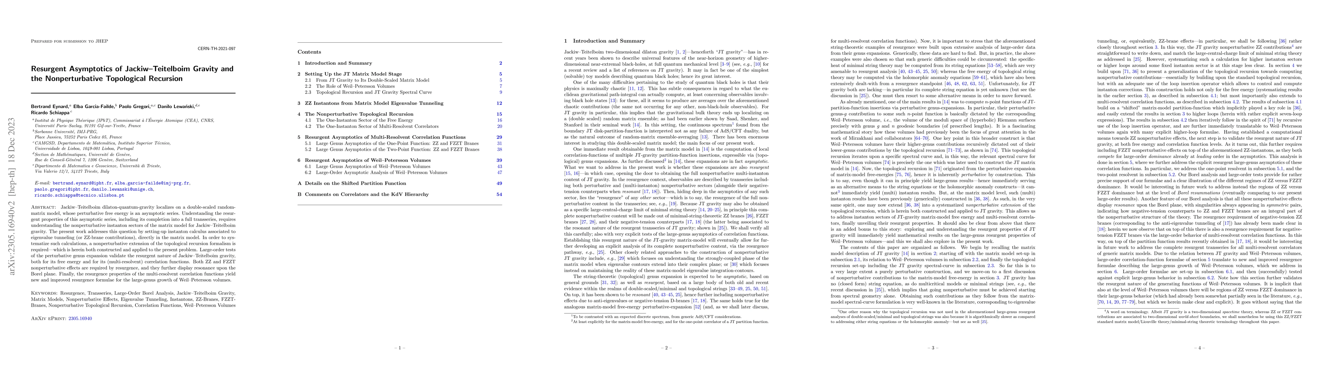 Thumbnail for Resurgent Asymptotics of Jackiw-Teitelboim Gravity and the
  Nonperturbative Topological Recursion
