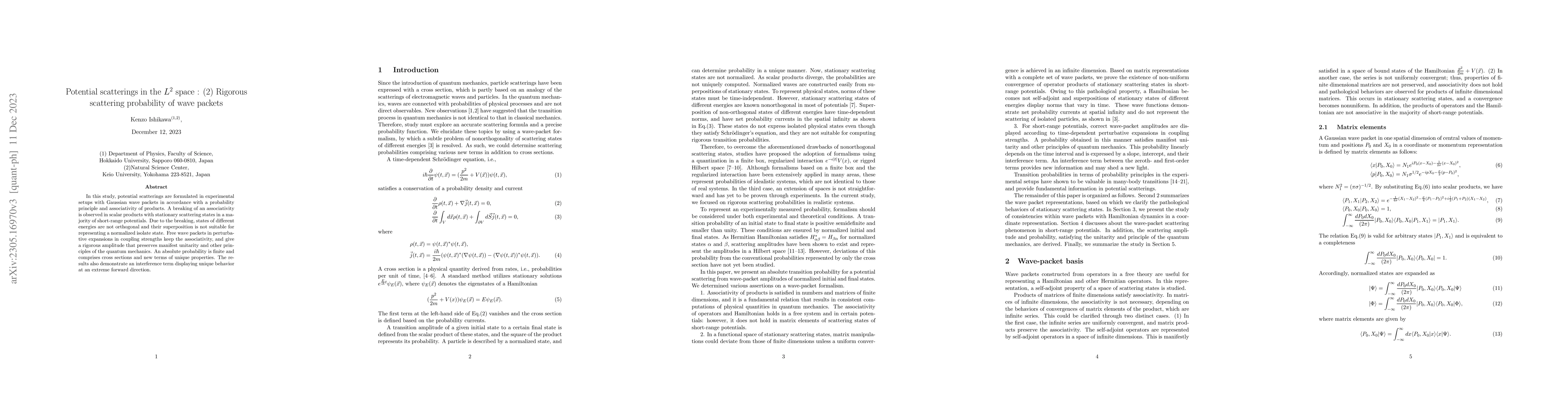 Thumbnail for Potential scattering in $L^2$ space: (2) Rigorous scattering probability
  of wave packets
