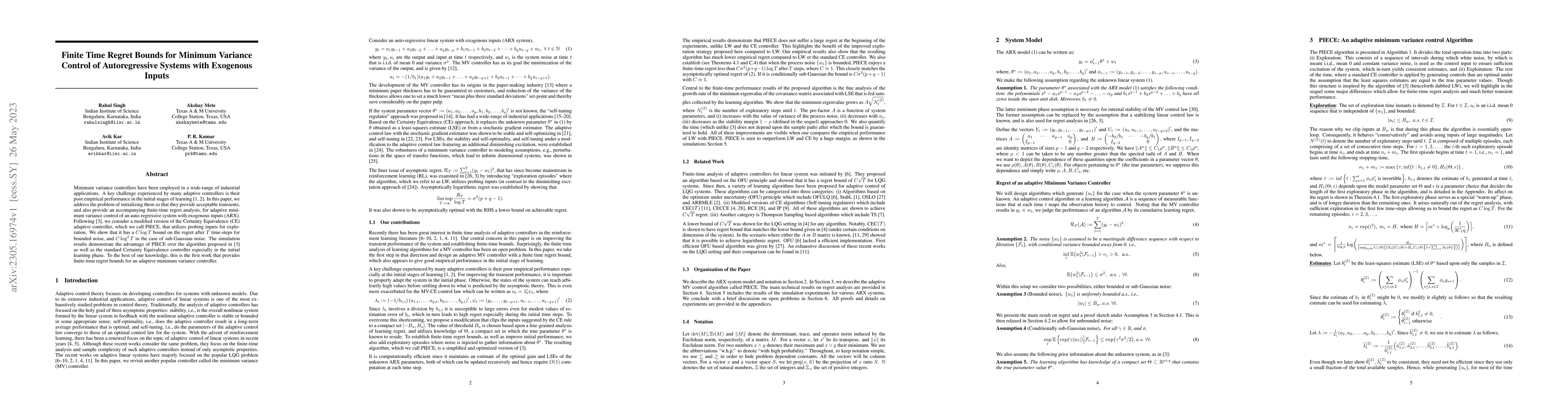 Thumbnail for Finite Time Regret Bounds for Minimum Variance Control of Autoregressive
  Systems with Exogenous Inputs