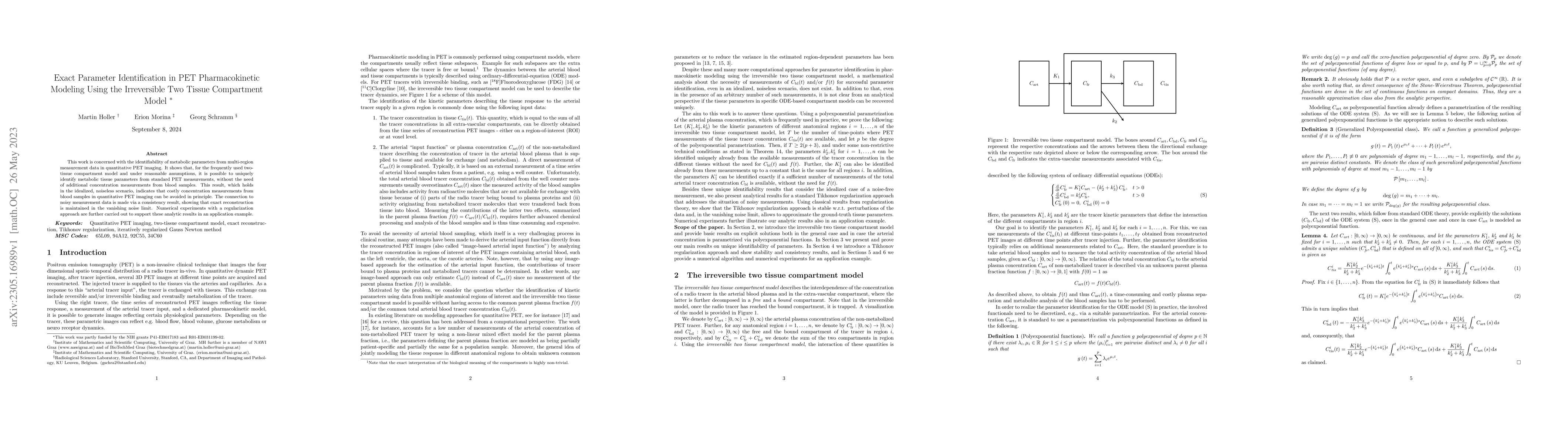 Thumbnail for Exact Parameter Identification in PET Pharmacokinetic Modeling Using the
  Irreversible Two Tissue Compartment Model