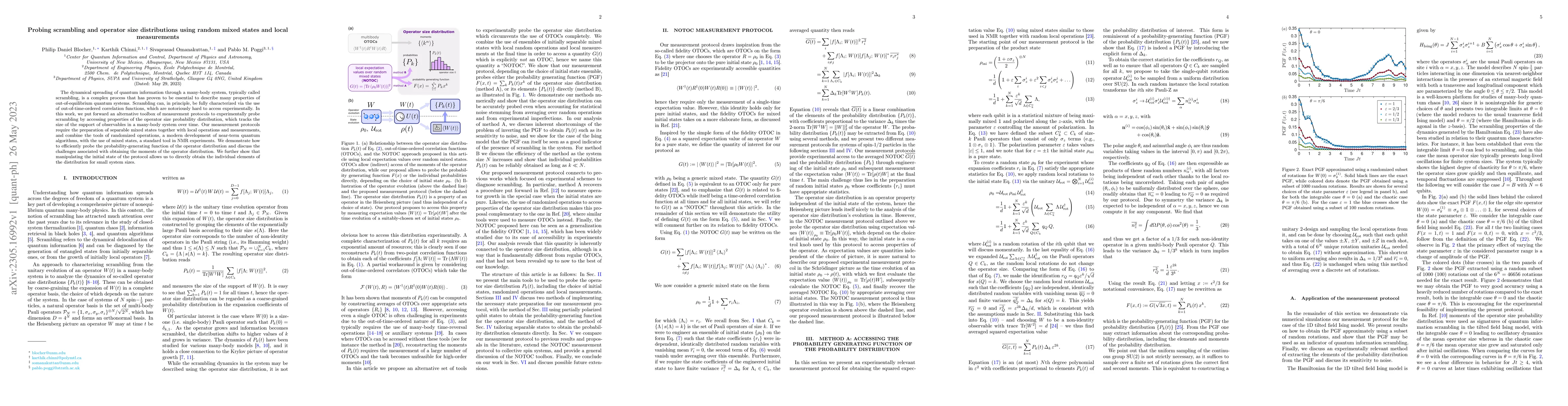 Thumbnail for Probing scrambling and operator size distributions using random mixed
  states and local measurements