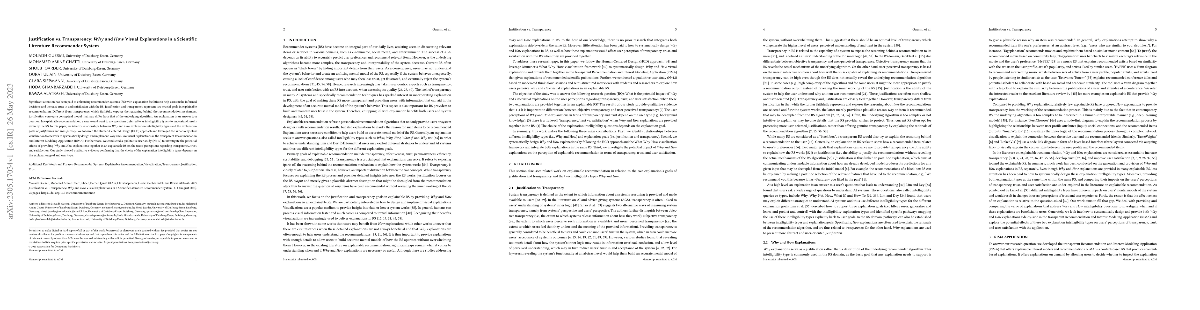 Thumbnail for Justification vs. Transparency: Why and How Visual Explanations in a
  Scientific Literature Recommender System