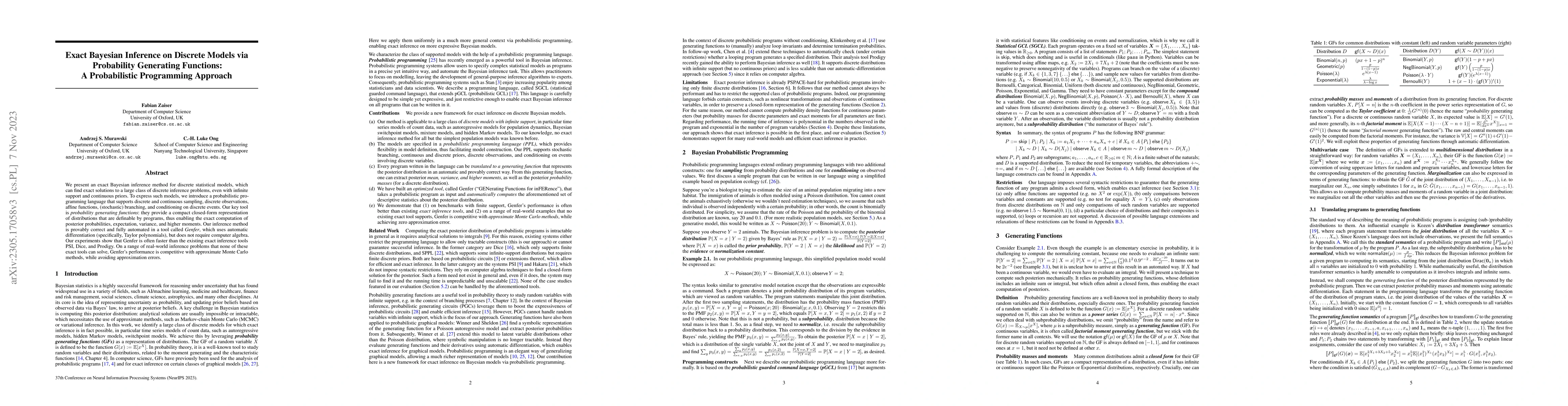 Thumbnail for Exact Bayesian Inference on Discrete Models via Probability Generating
  Functions: A Probabilistic Programming Approach