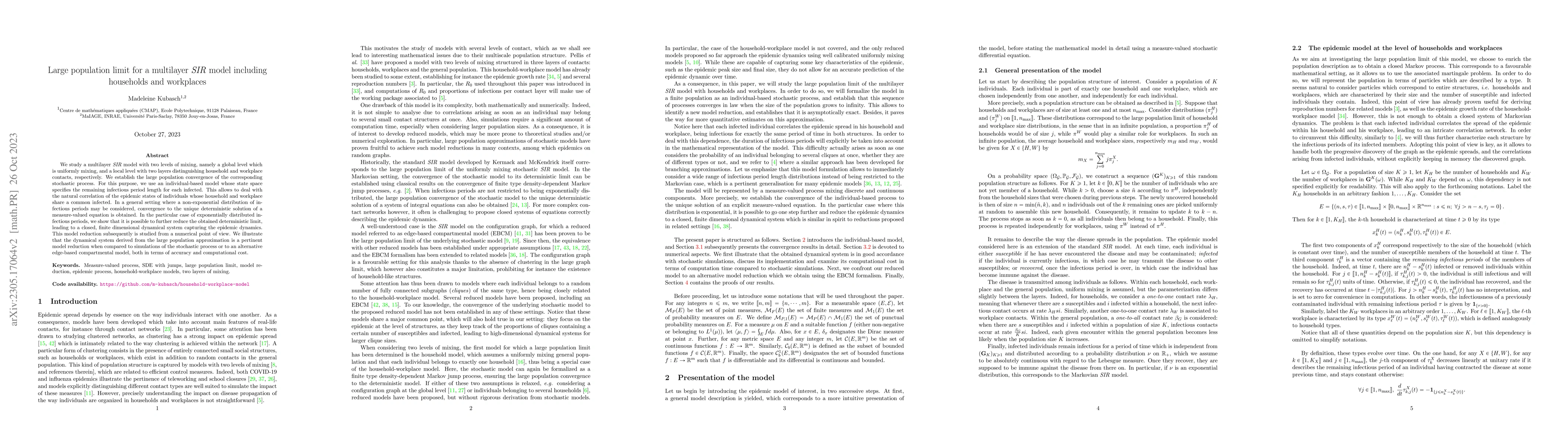 Thumbnail for Large population limit for a multilayer SIR model including households
  and workplaces