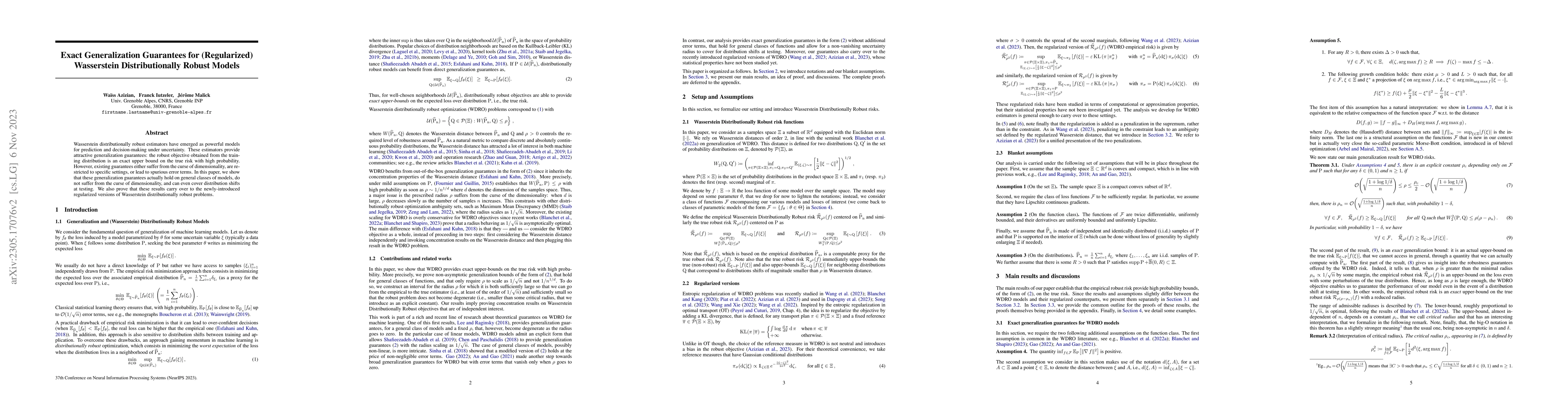 Thumbnail for Exact Generalization Guarantees for (Regularized) Wasserstein
  Distributionally Robust Models