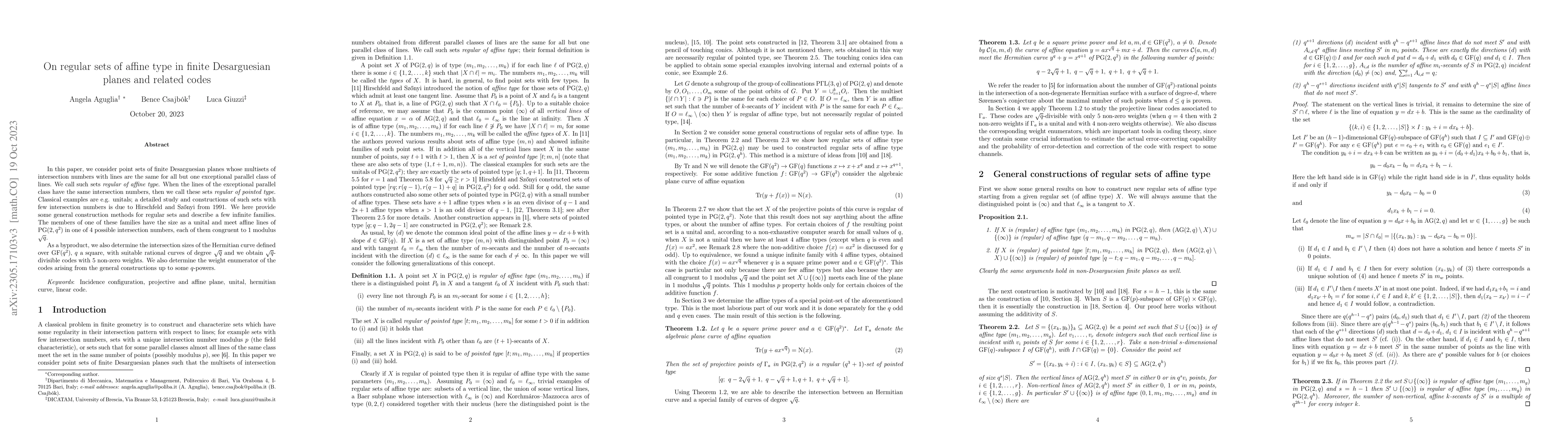 Thumbnail for On regular sets of affine type in finite Desarguesian planes and related
  codes