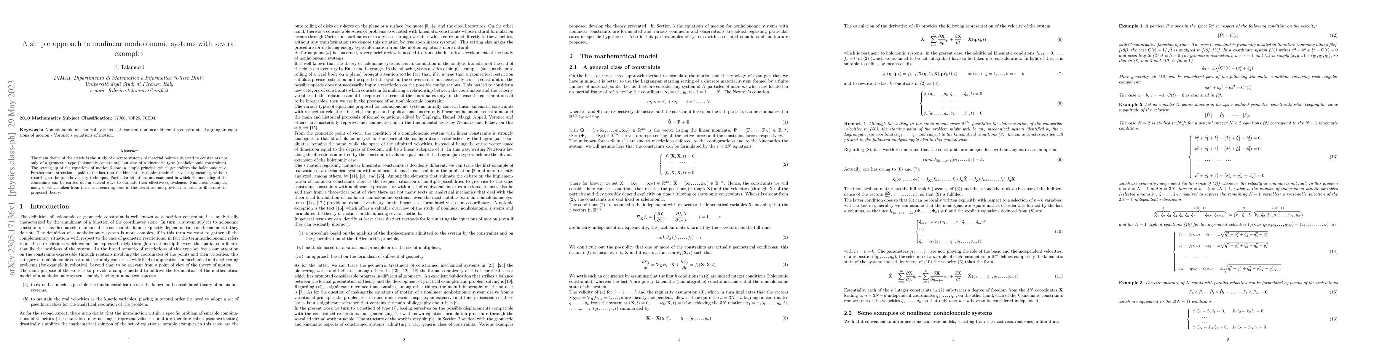 Thumbnail for A simple approach to nonlinear nonholonomic systems with several
  examples