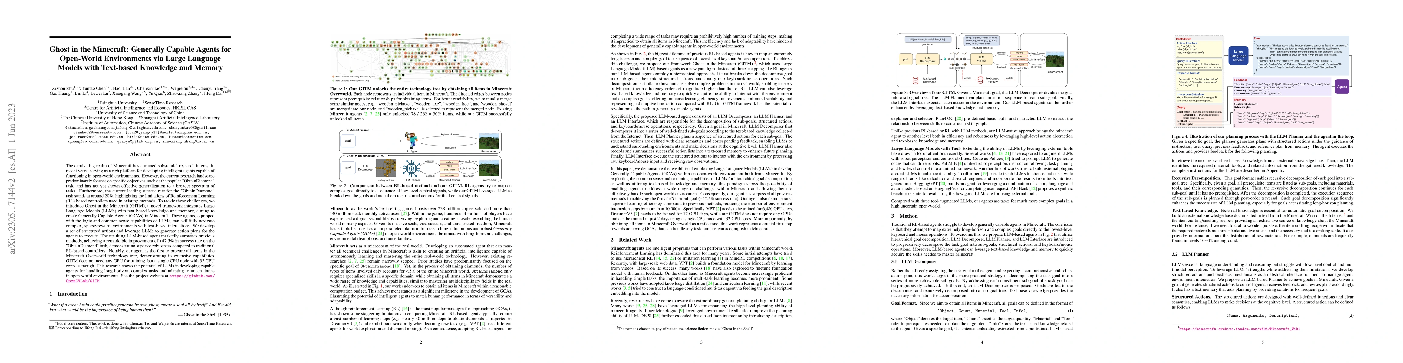 Thumbnail for Ghost in the Minecraft: Generally Capable Agents for Open-World
  Environments via Large Language Models with Text-based Knowledge and Memory
