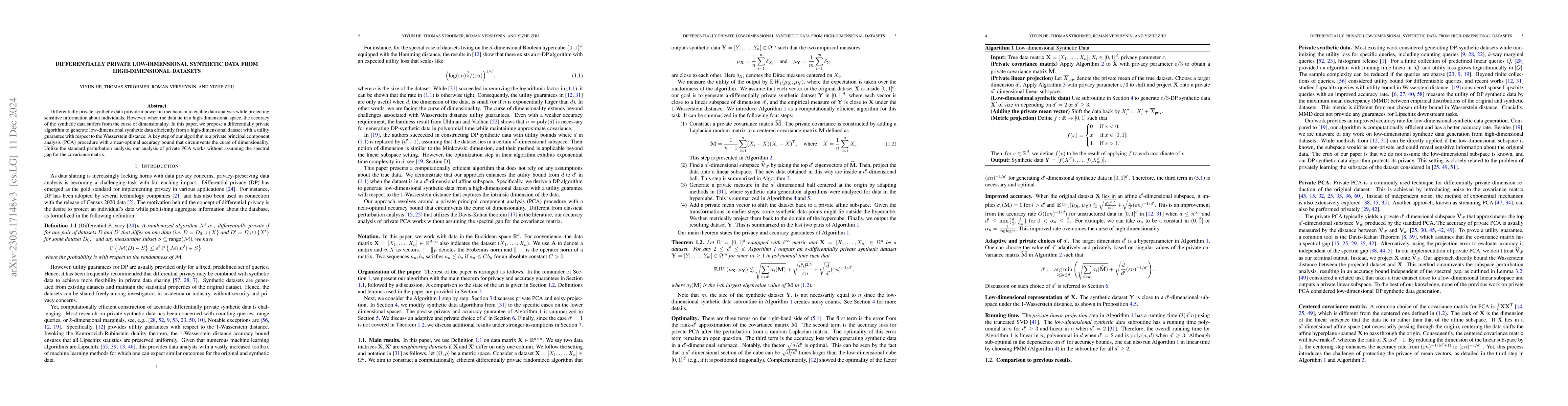 Thumbnail for Differentially Private Low-dimensional Synthetic Data from
  High-dimensional Datasets