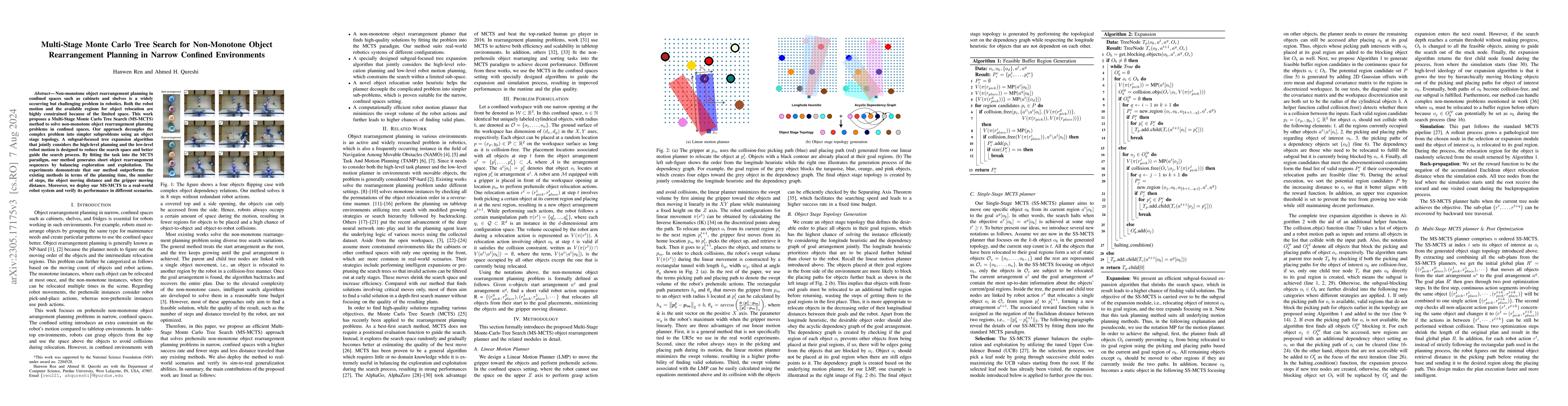 Thumbnail for Multi-Stage Monte Carlo Tree Search for Non-Monotone Object
  Rearrangement Planning in Narrow Confined Environments