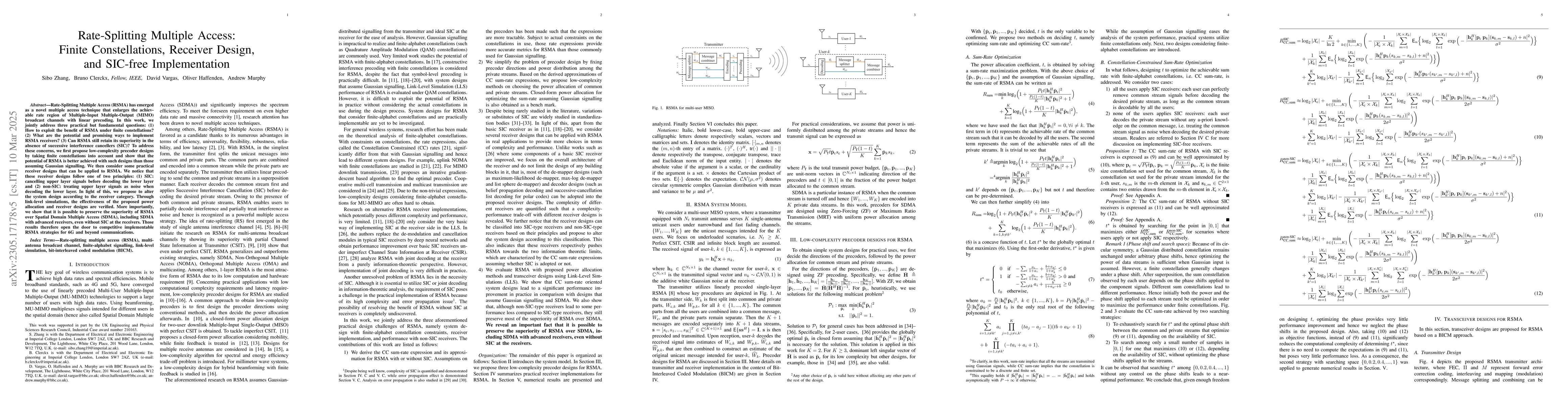 Thumbnail for Rate-Splitting Multiple Access: Finite Constellations, Receiver Design,
  and SIC-free Implementation