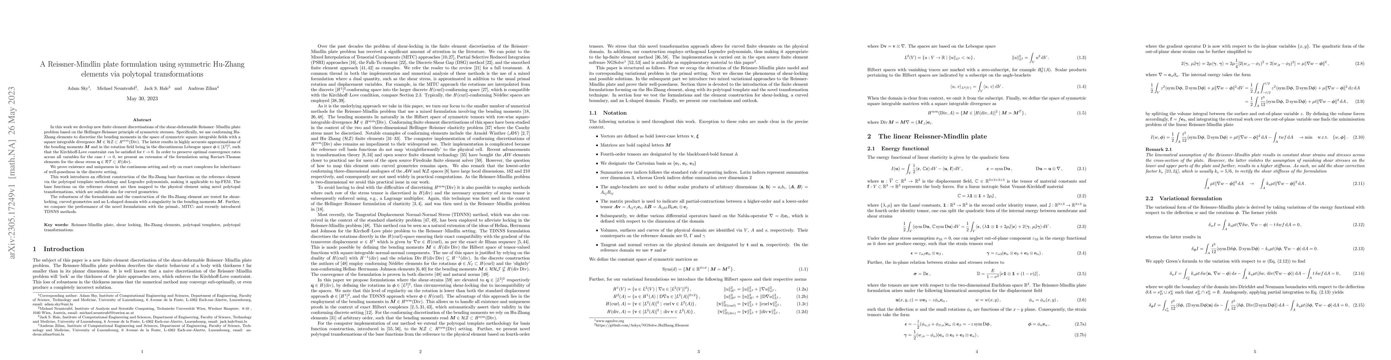 Thumbnail for A Reissner-Mindlin plate formulation using symmetric Hu-Zhang elements
  via polytopal transformations