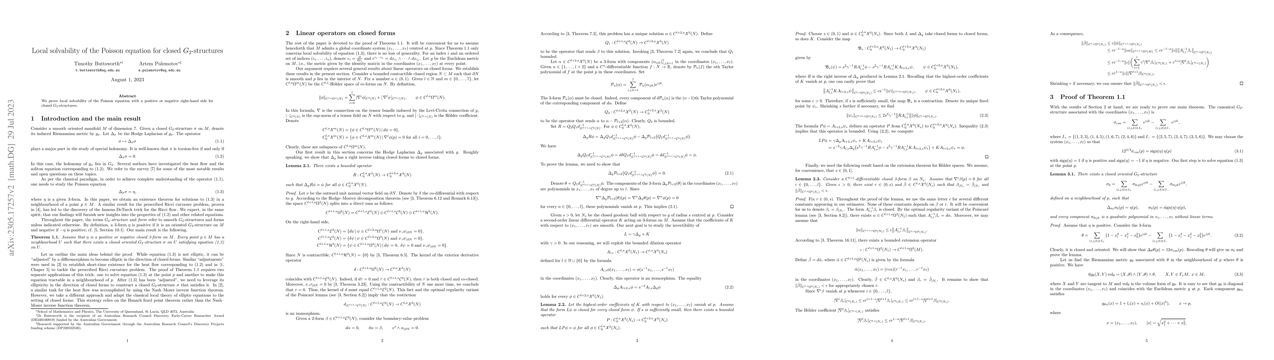 Thumbnail for Local solvability of the Poisson equation for closed $G_2$-structures