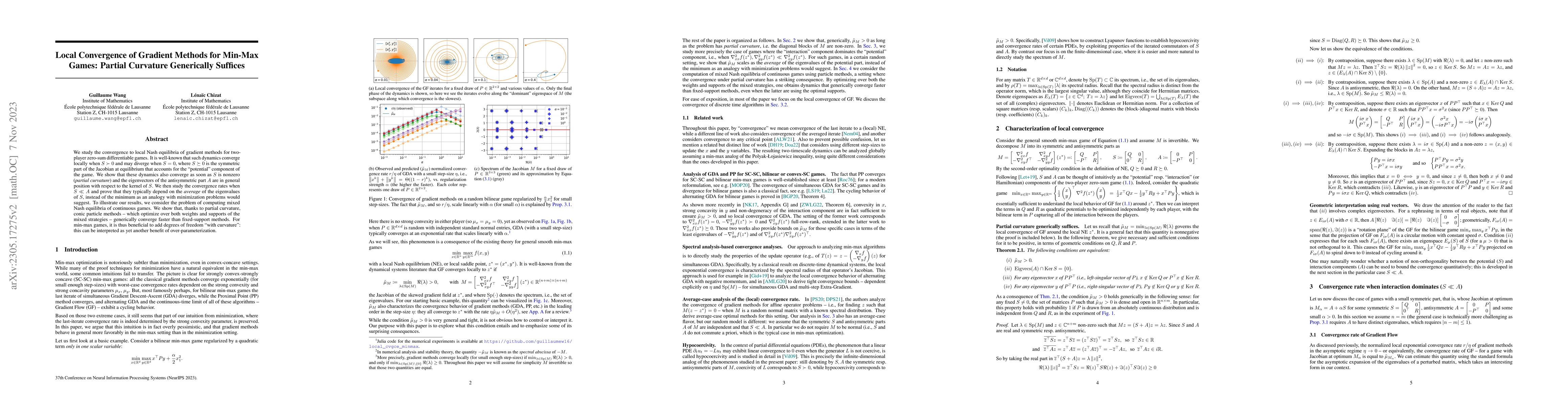 Thumbnail for Local Convergence of Gradient Methods for Min-Max Games: Partial
  Curvature Generically Suffices
