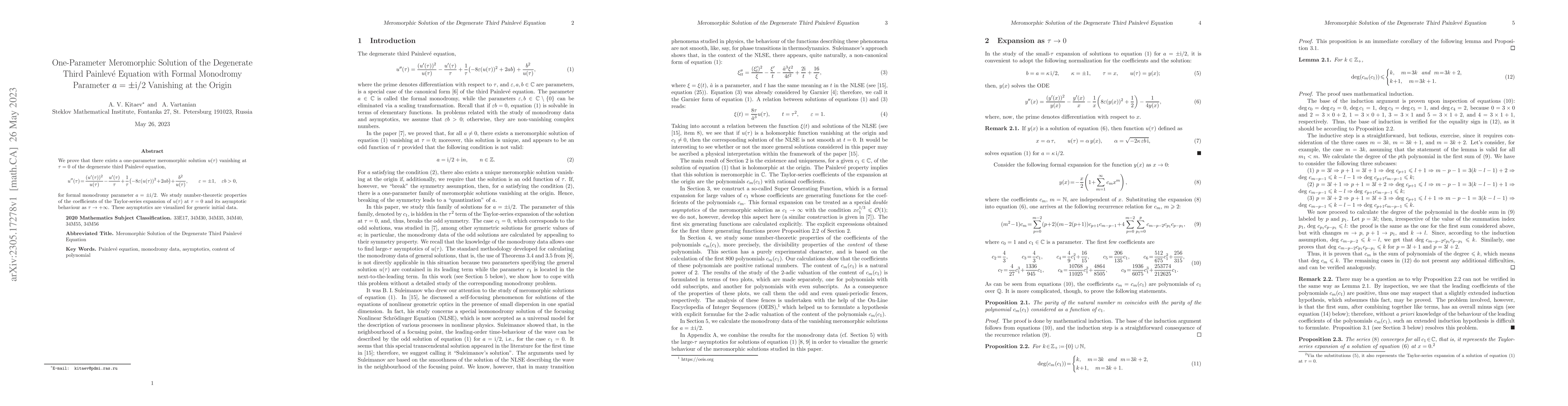 Thumbnail for One-Parameter Meromorphic Solution of the Degenerate Third Painlev\'{e}
  Equation with Formal Monodromy Parameter $a=\pm i/2$ Vanishing at the Origin