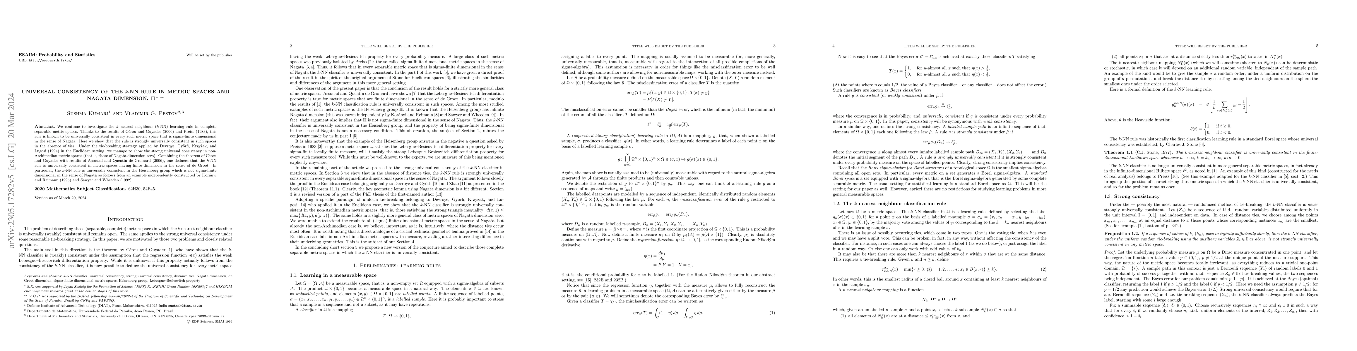 Thumbnail for Universal consistency of the $k$-NN rule in metric spaces and Nagata
  dimension. II