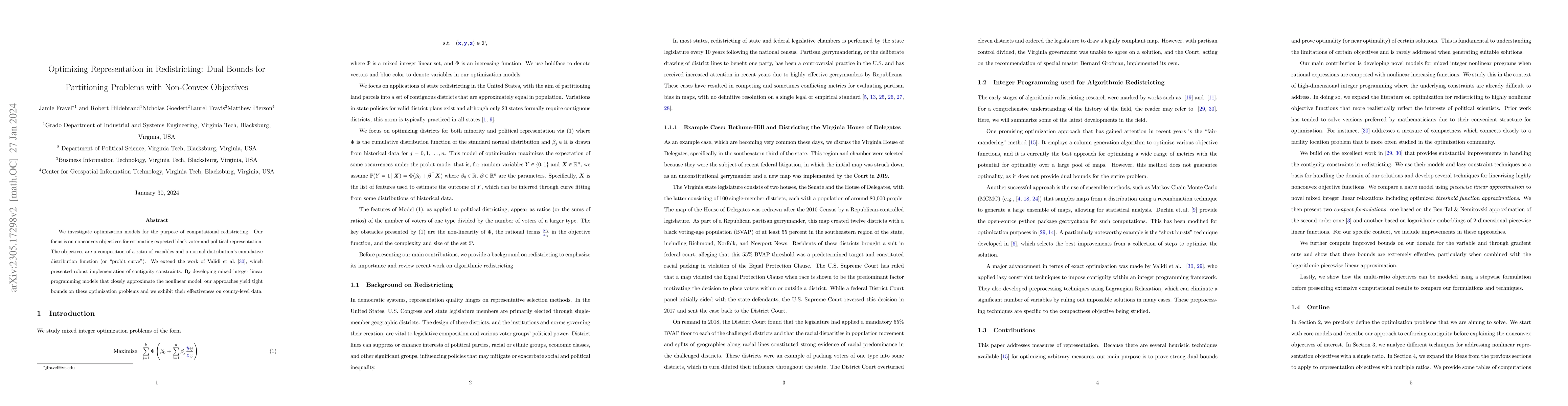 Thumbnail for Optimizing Representation in Redistricting: Dual Bounds for Partitioning
  Problems with Non-Convex Objectives