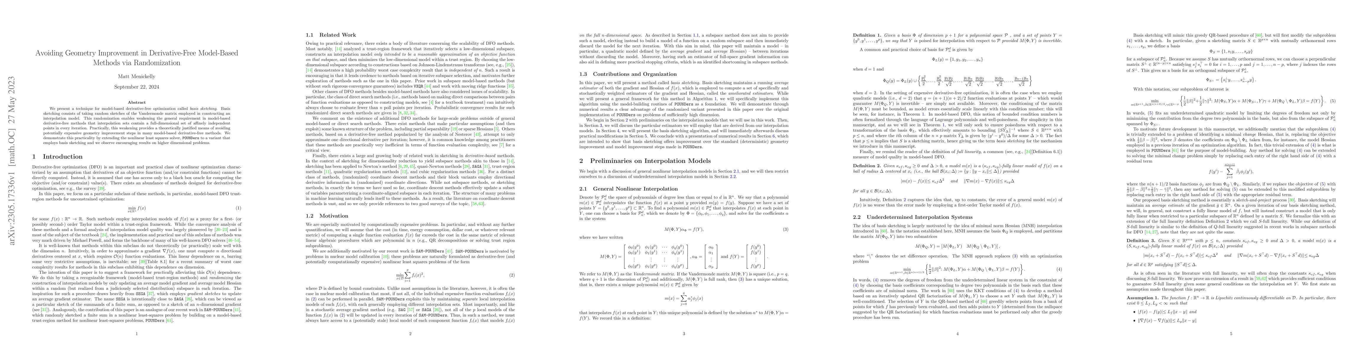 Thumbnail for Avoiding Geometry Improvement in Derivative-Free Model-Based Methods via
  Randomization