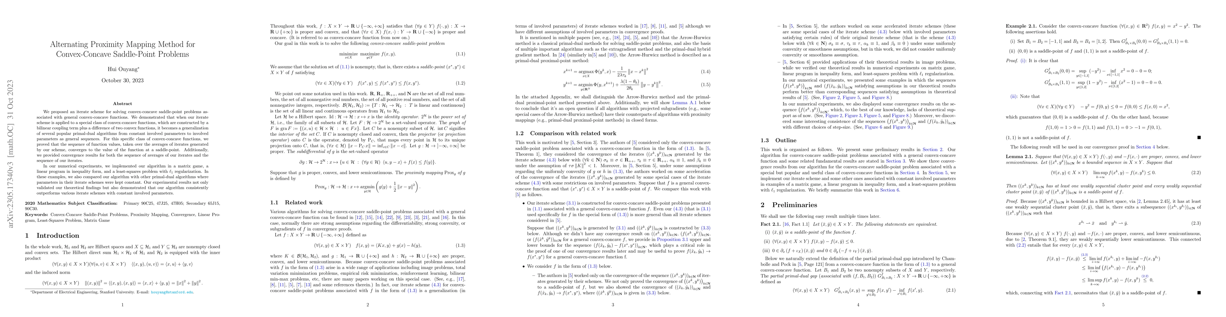 Thumbnail for Alternating Proximity Mapping Method for Convex-Concave Saddle-Point
  Problems