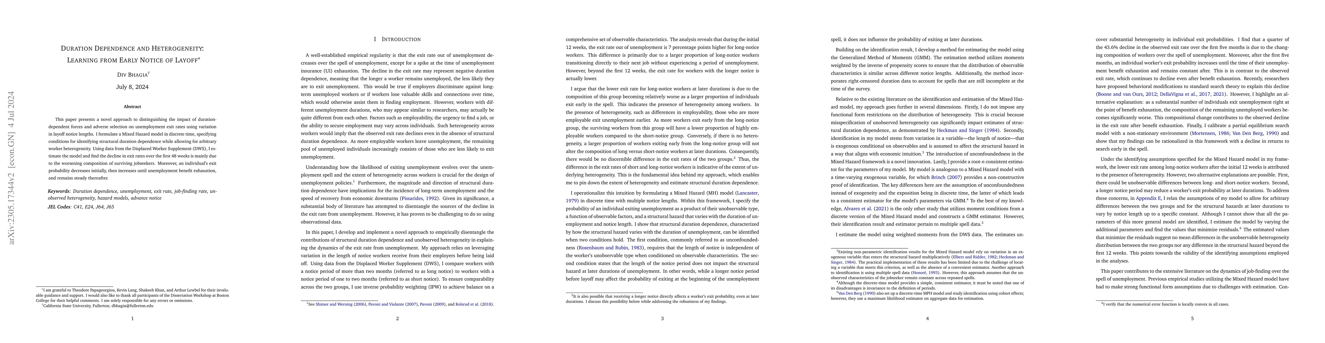 Thumbnail for Duration Dependence and Heterogeneity: Learning from Early Notice of
  Layoff