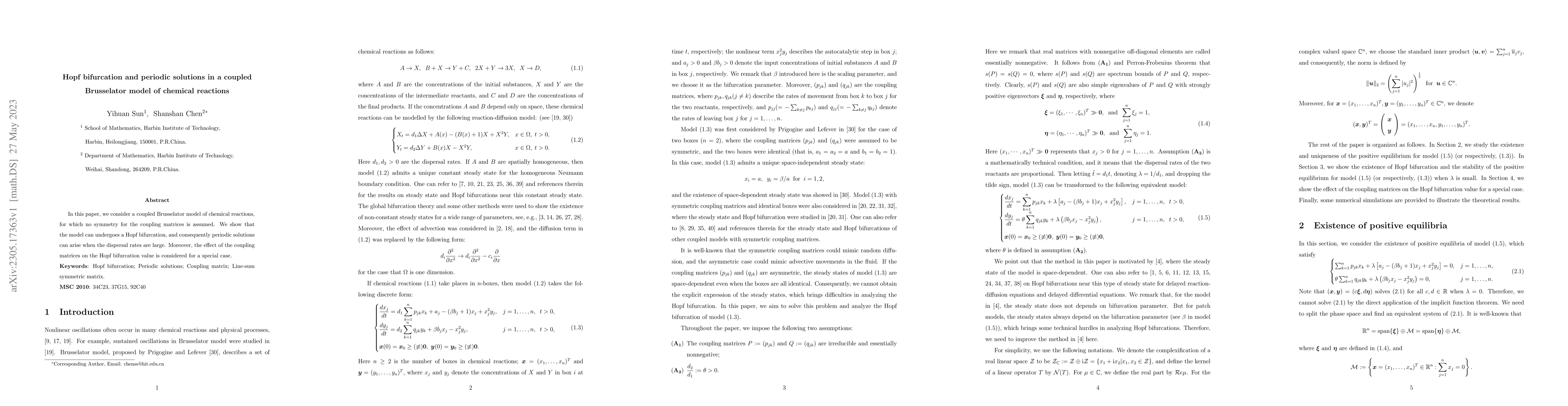 Thumbnail for Hopf bifurcation and periodic solutions in a coupled Brusselator model
  of chemical reactions