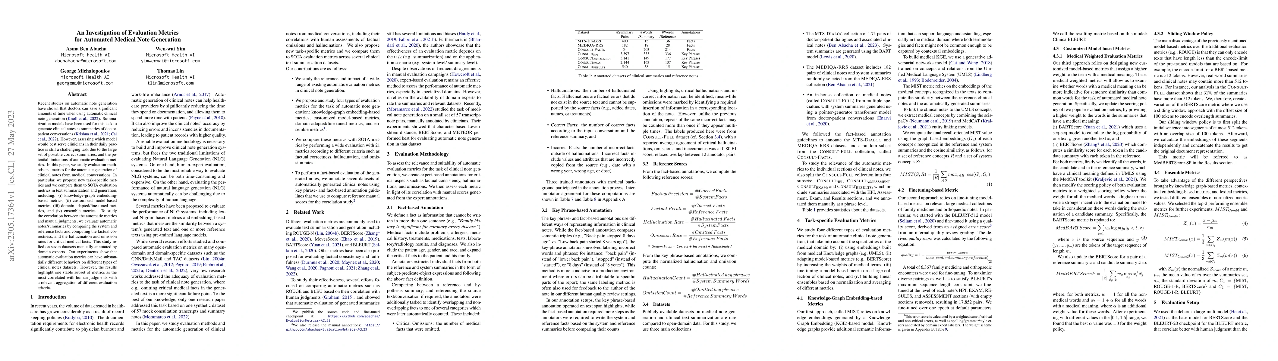 Thumbnail for An Investigation of Evaluation Metrics for Automated Medical Note
  Generation