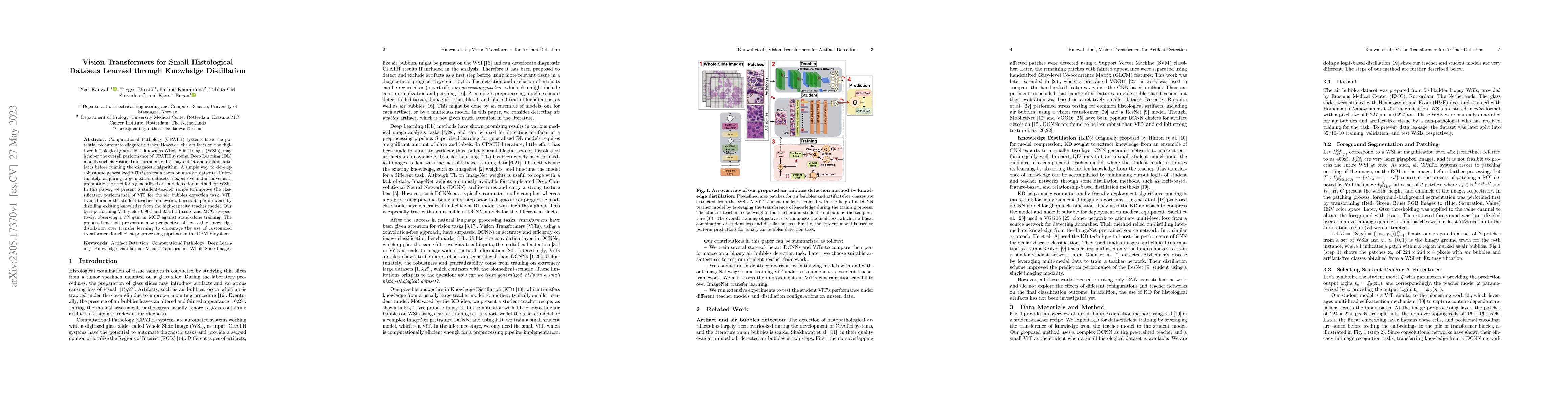 Thumbnail for Vision Transformers for Small Histological Datasets Learned through
  Knowledge Distillation