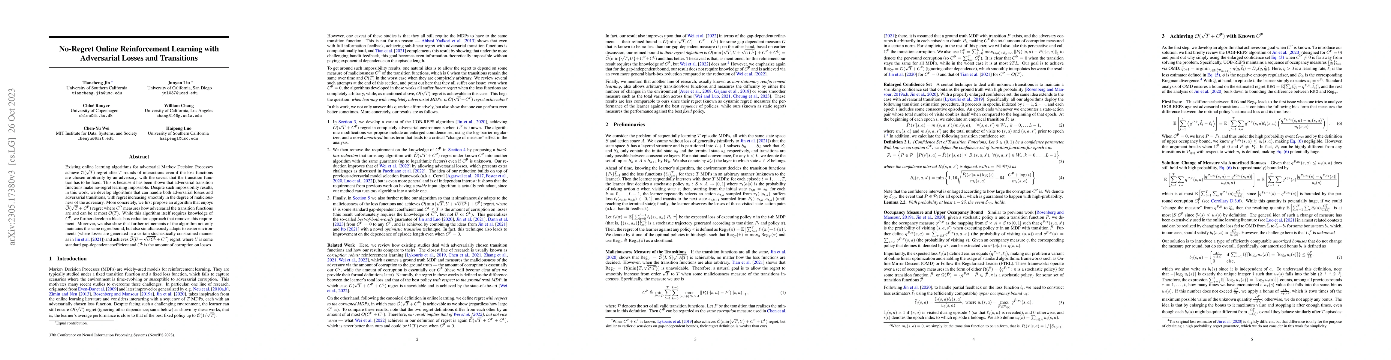 Thumbnail for No-Regret Online Reinforcement Learning with Adversarial Losses and
  Transitions