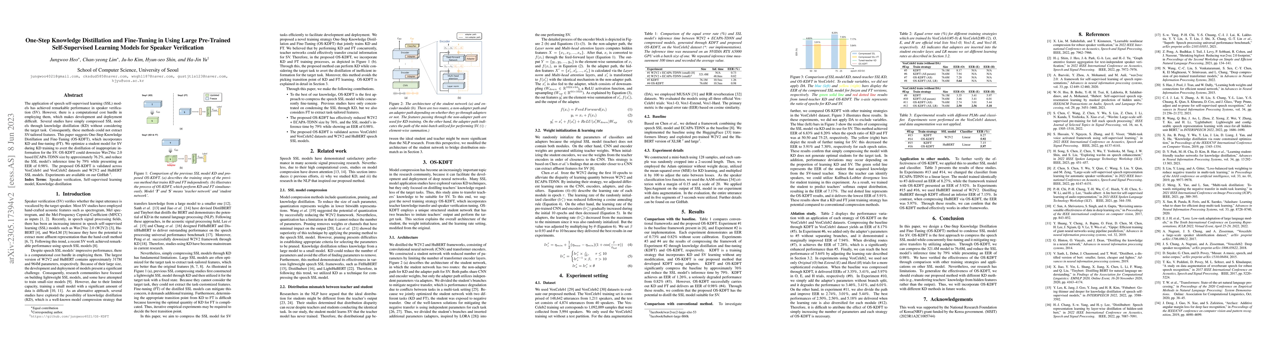 Thumbnail for One-Step Knowledge Distillation and Fine-Tuning in Using Large
  Pre-Trained Self-Supervised Learning Models for Speaker Verification