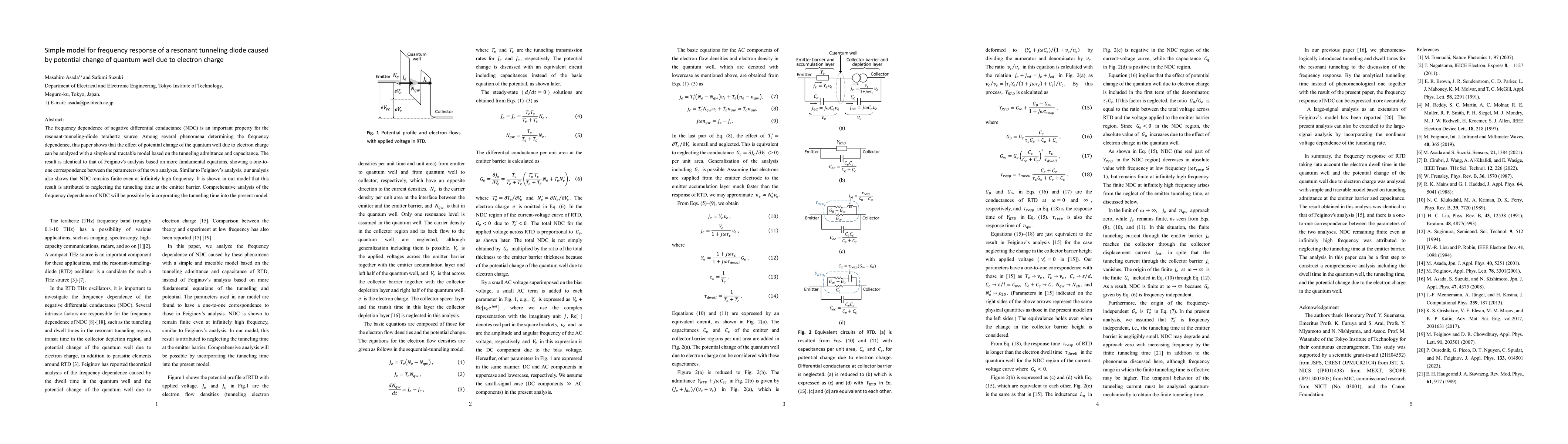 Thumbnail for Simple model for frequency response of a resonant tunneling diode caused
  by potential change of quantum well due to electron charge