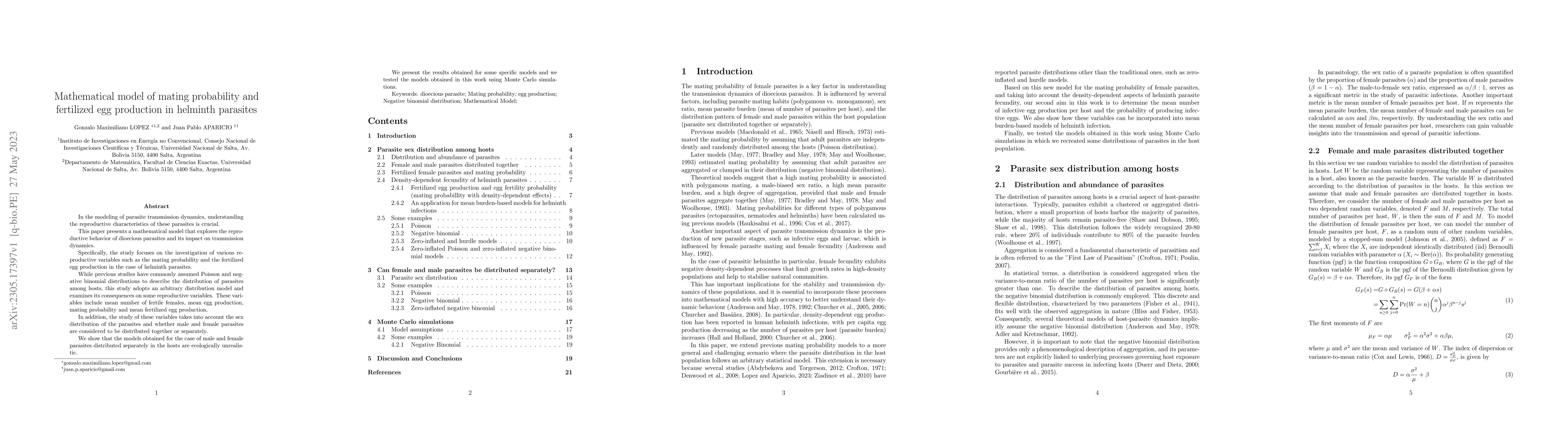 Thumbnail for Mathematical model of mating probability and fertilized egg production
  in helminth parasites