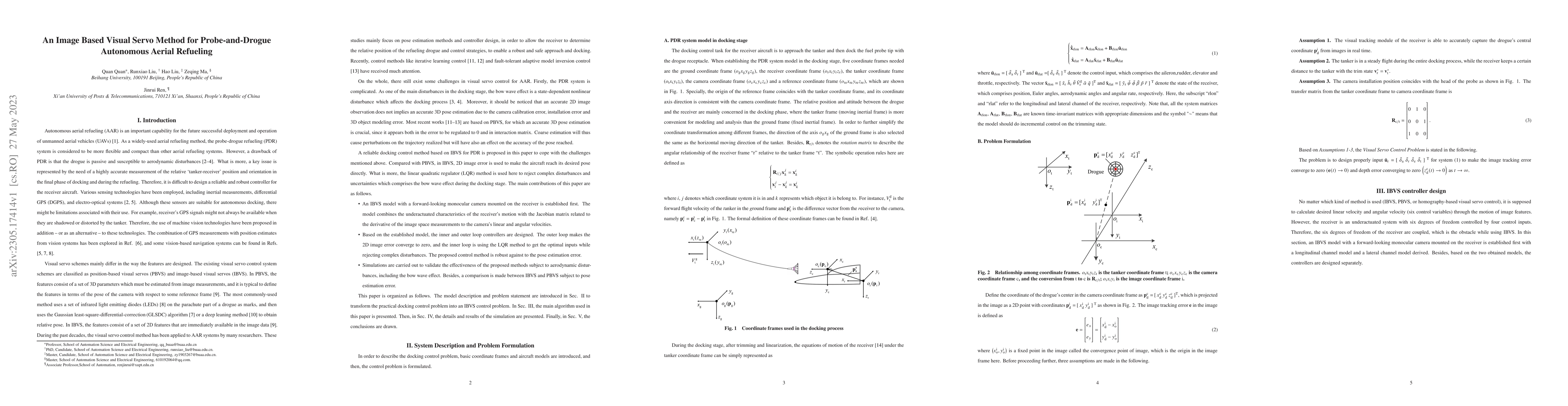 Thumbnail for An Image Based Visual Servo Method for Probe-and-Drogue Autonomous
  Aerial Refueling